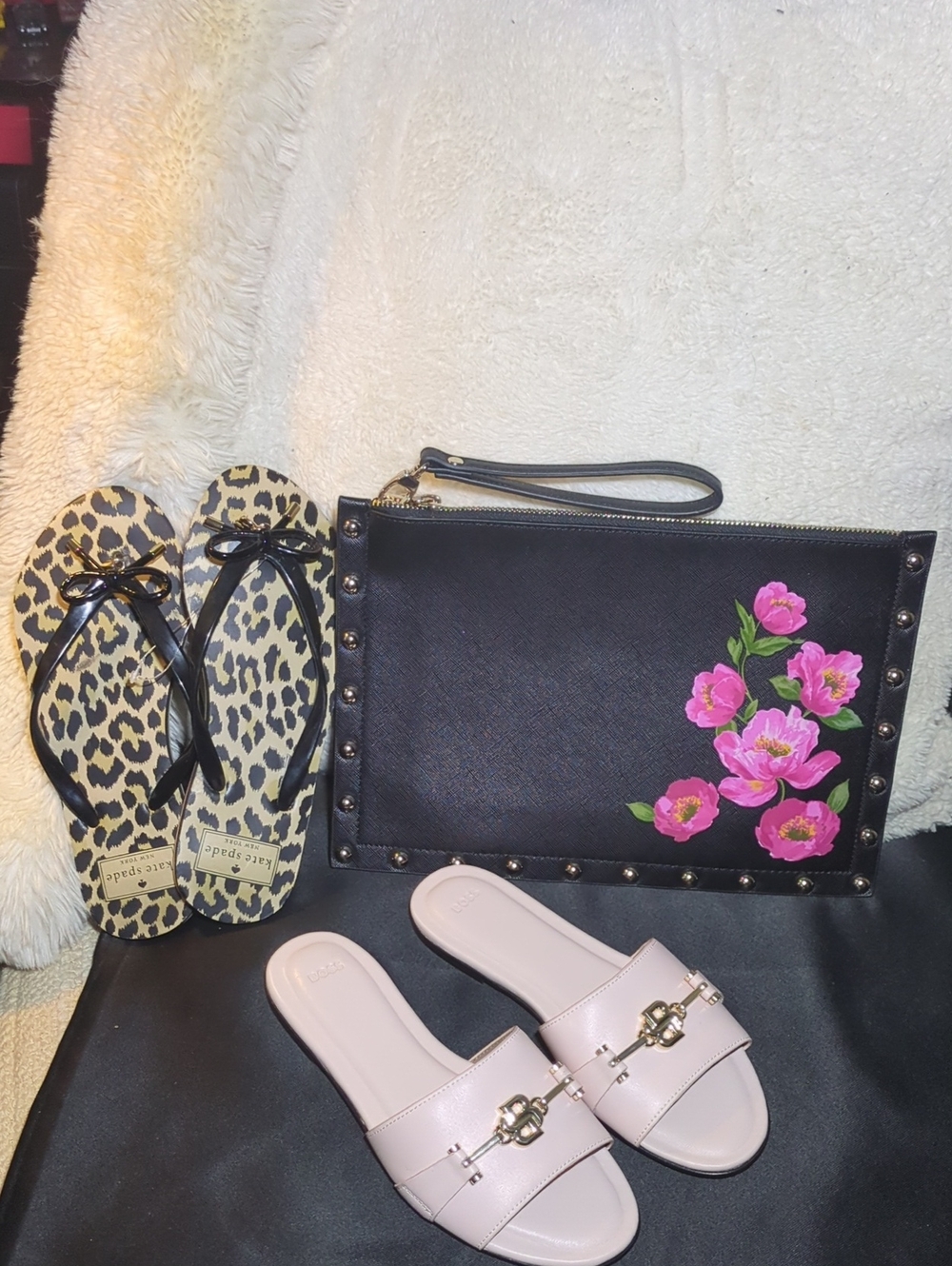 Boss & kate spade Slippers Black Floral Studded Wristlet Clutch w/ Pink Flowers